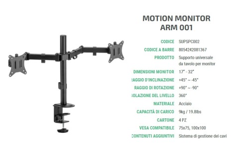 Staffa da tavolo Superior monitor doppio 17"-32" motion SUPSPC002