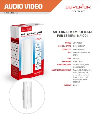 Antenna tv amplificata Superior per esterni DVB-2 IPX4 SUPNAO001