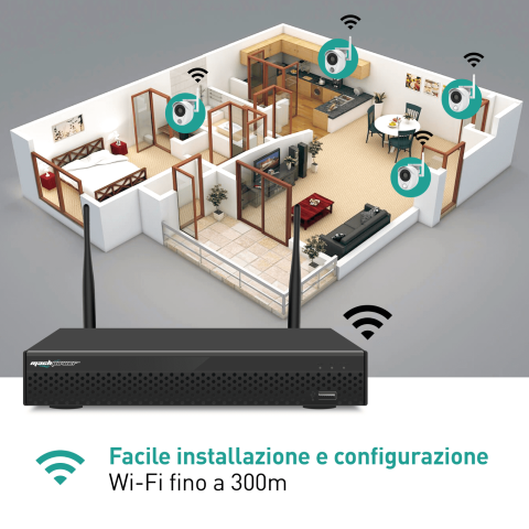 Kit videosorveglianza Mach Power wi-fi fino a 300 metri, 1 NVR + 4 Telecamere Smart 2MP