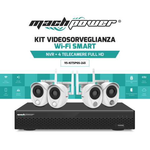 Kit videosorveglianza Mach Power wi-fi fino a 300 metri, 1 NVR + 4 Telecamere Smart 2MP