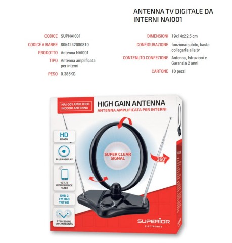 Antenna tv amplificata Superior per interni DVB-2 FM DAB TNT HD