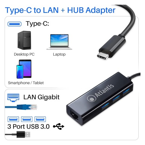 Adattatore Atlantis Type-C a Lan+Hub A04-TC_LAN+HB ingr 1typec - 1xgigabit lan +3x usb3.0