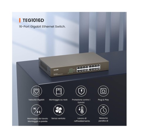 Switch lan 16 porte rack Tenda gigabit 10/100/1000 Base-T Ethernet TEG1016D