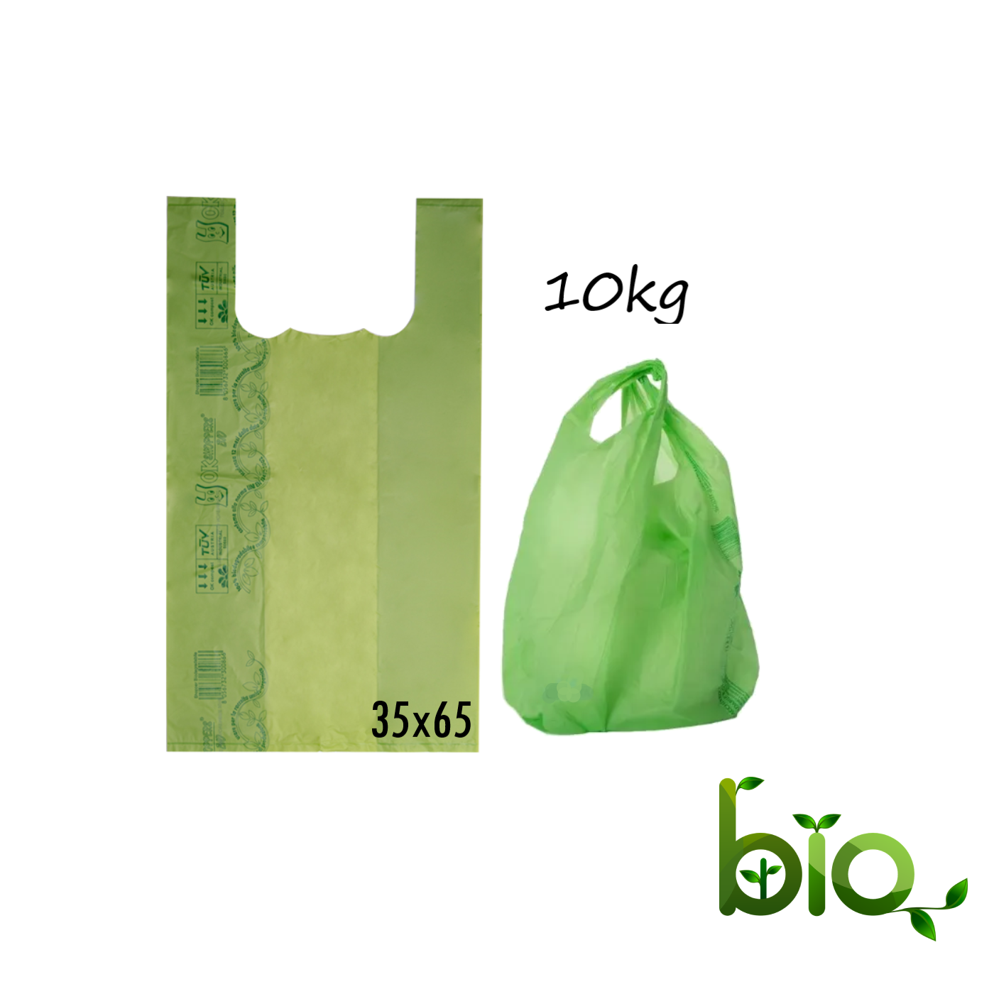 Buste Shopper Bio 10 Kg Maxi 35x65 cm con manico Verde - Biodegradabili Compostabili
