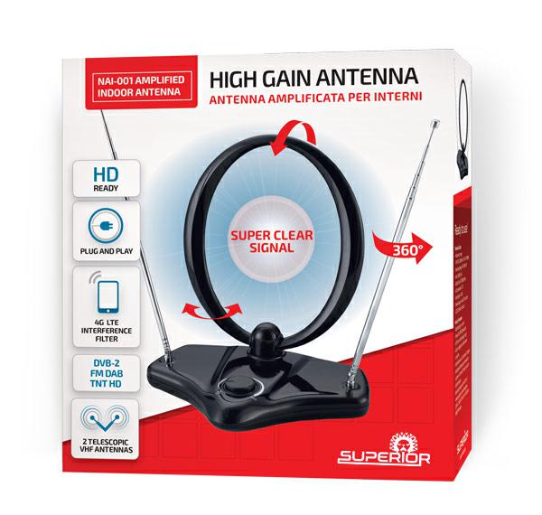 Antenna tv amplificata Superior per interni DVB-2 FM DAB TNT HD